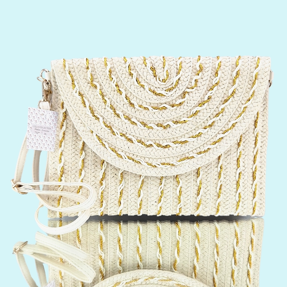Lulla Collection Purse Natural Gold Woven Crossbody Detachable Strap Vacation